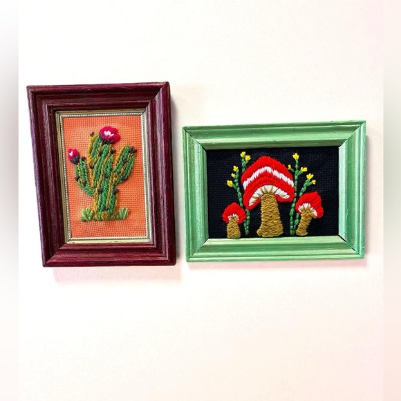 Framed Cactus and Mushroom crewel Embroidery Art repurposed frame - Picture 8 of 10